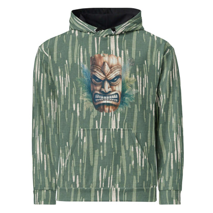 Tiki Nahele Hawaiian Hoodie with detailed tiki mask design on green patterned background, stylish and comfortable for beach evenings.