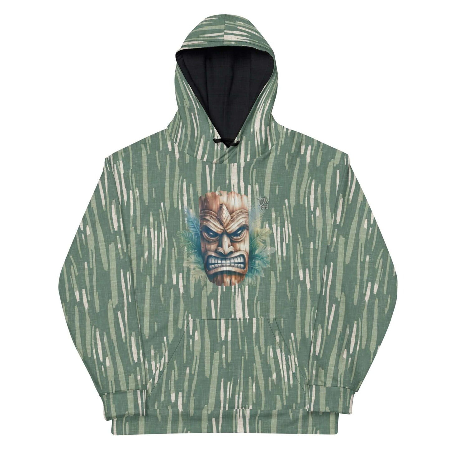 Tiki Nahele Hawaiian Hoodie in green with unique tiki mask print, ideal for cool beach evenings and casual outings.