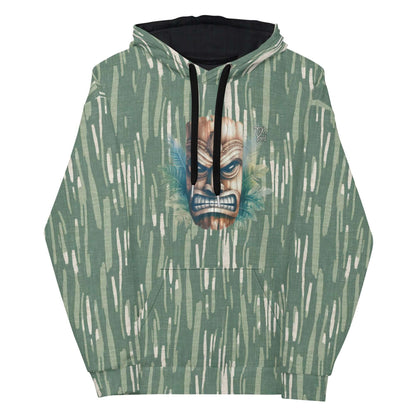 Tiki Nahele Hawaiian Hoodie with unique vibrant design on green patterned background, perfect for cool beach evenings