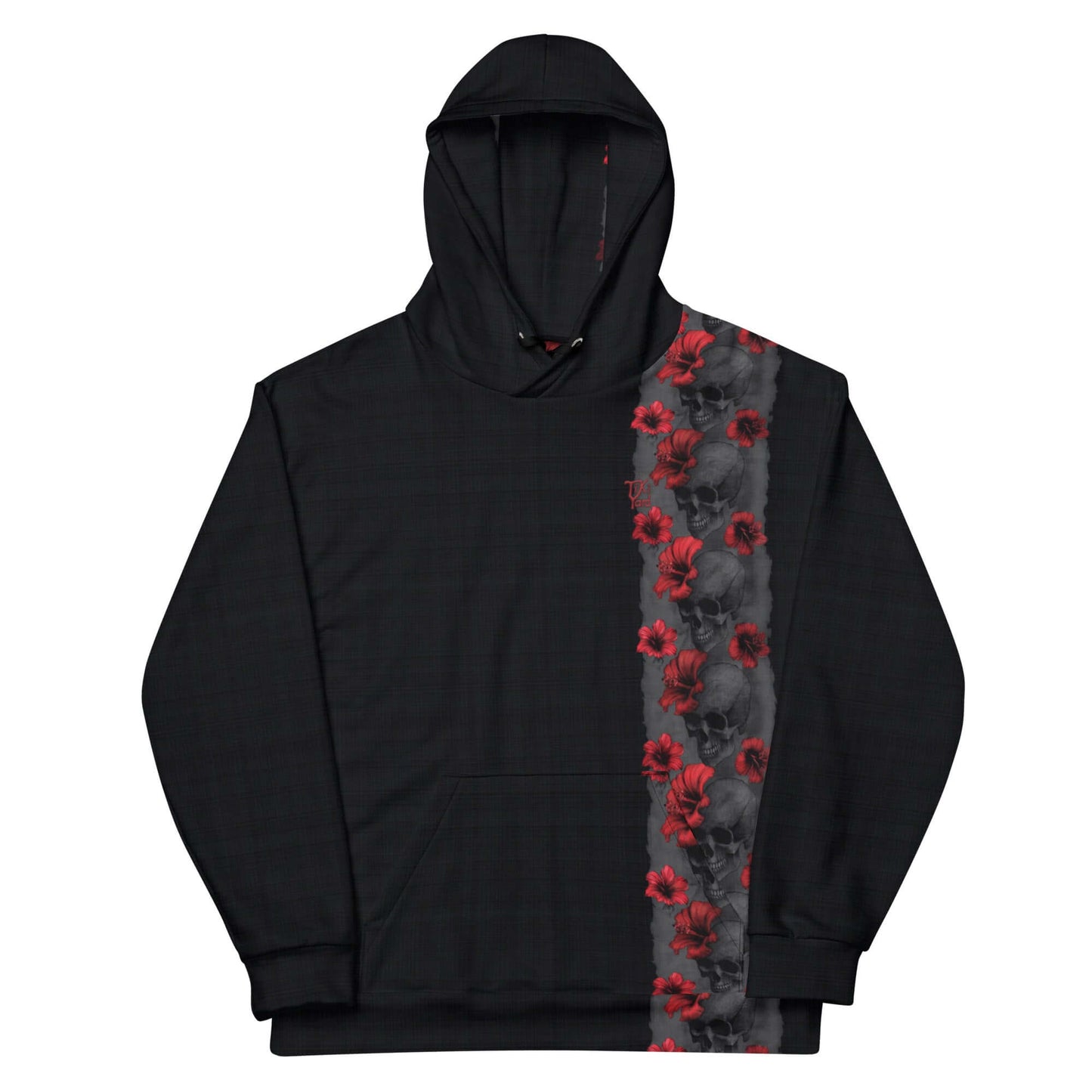 Forsaken Island Men's Hawaiian Hoodie featuring unique skull and hibiscus flower design, by Tiki Yard Apparel Company, made of quality polyester.