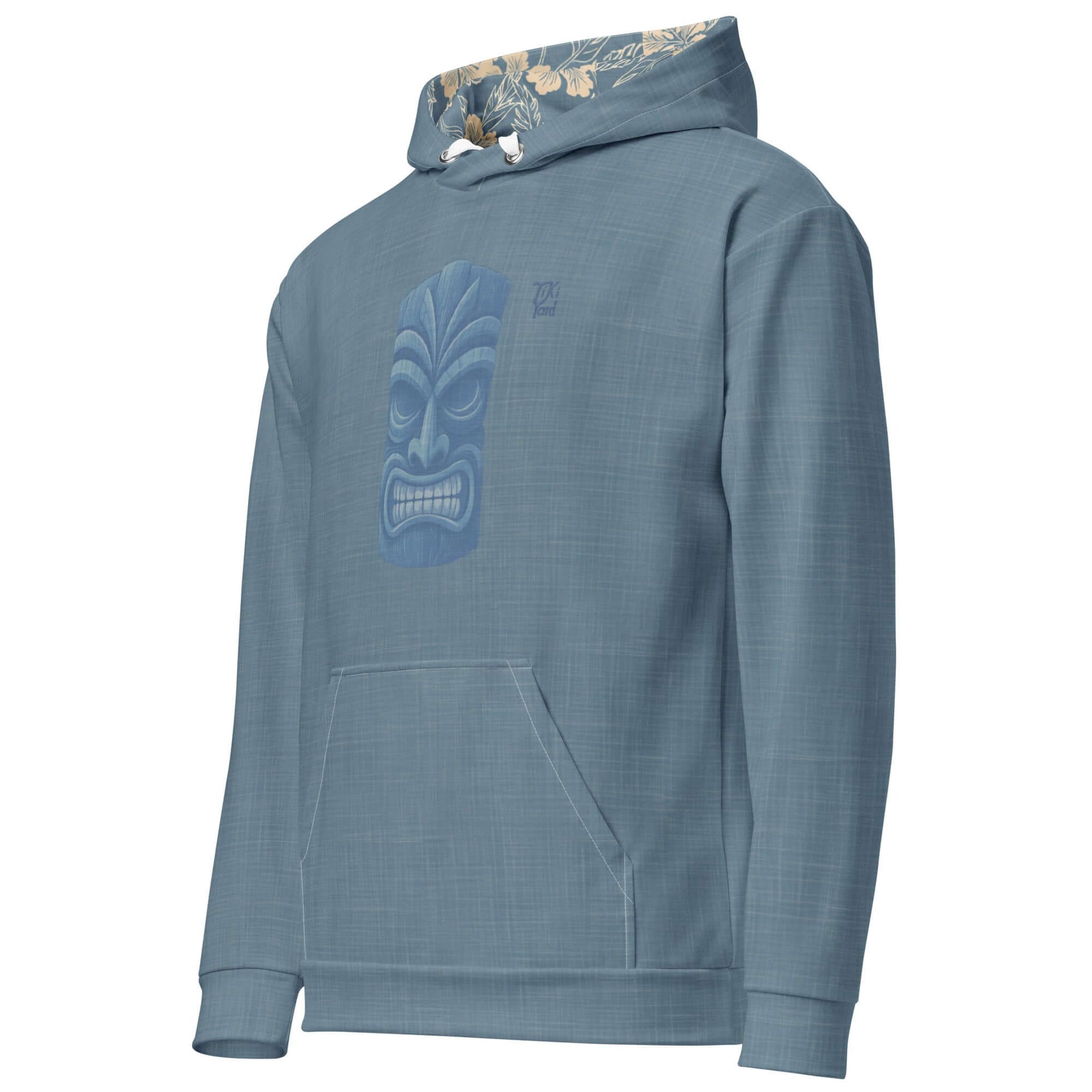 Kailua Tiki Hawaiian Hoodie in blue featuring a tiki mask design on the front and a hibiscus floral print inside the hood