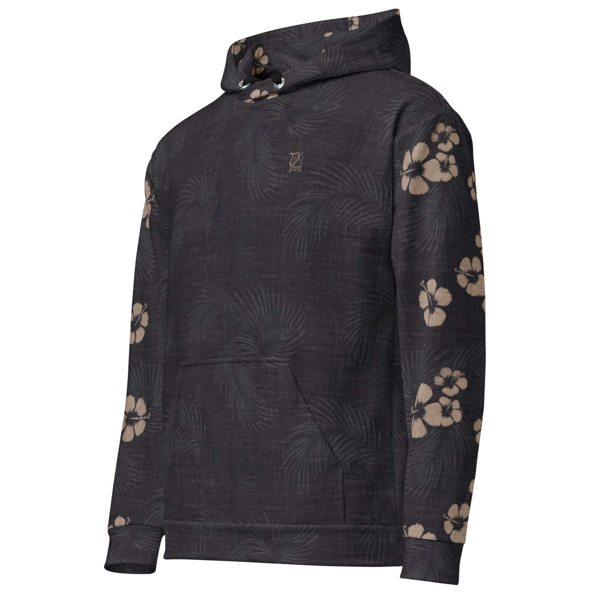 Tropical Eclipse Hawaiian Hoodie with hibiscus flower print on sleeves and tropical patterns on dark fabric