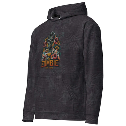 black Hawaiian hoodie with zombie cocktail graphics, featuring a humorous zombie drinking from a martini glass, unique fashion statement.