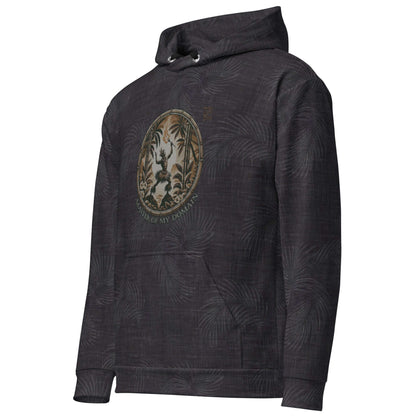 Hawaiian hoodie with fire dancer emblem and tropical pattern, titled "Master of My Domain"