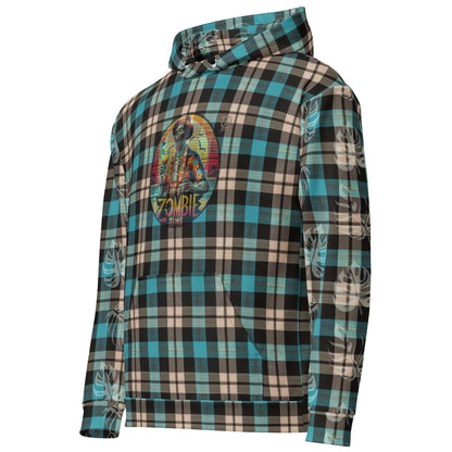 Zombie Time Hawaiian hoodie featuring a whimsical zombie drinking a cocktail on a plaid background with tropical accents.