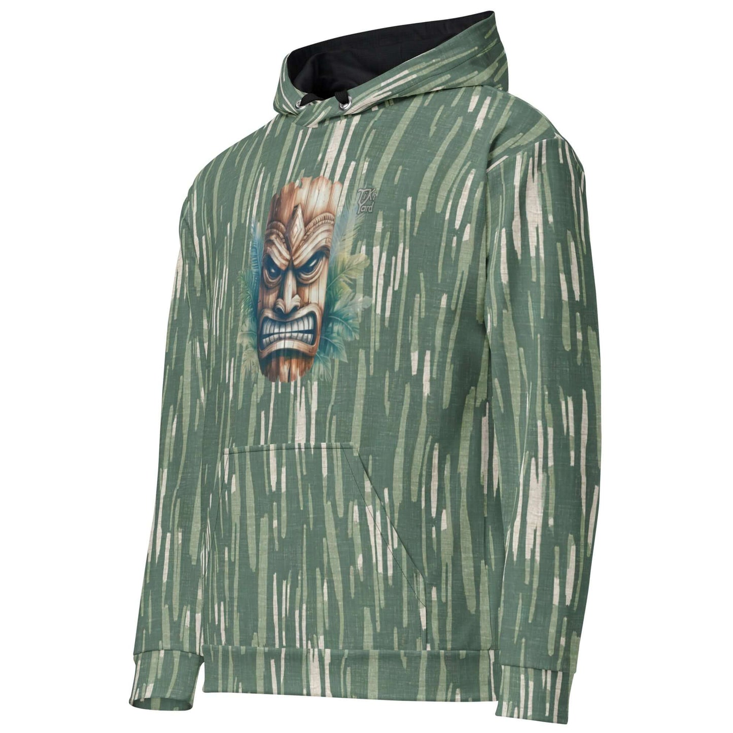 Tiki Nahele Hawaiian Hoodie with green and white abstract design and tiki face graphic, perfect for beach or casual wear.