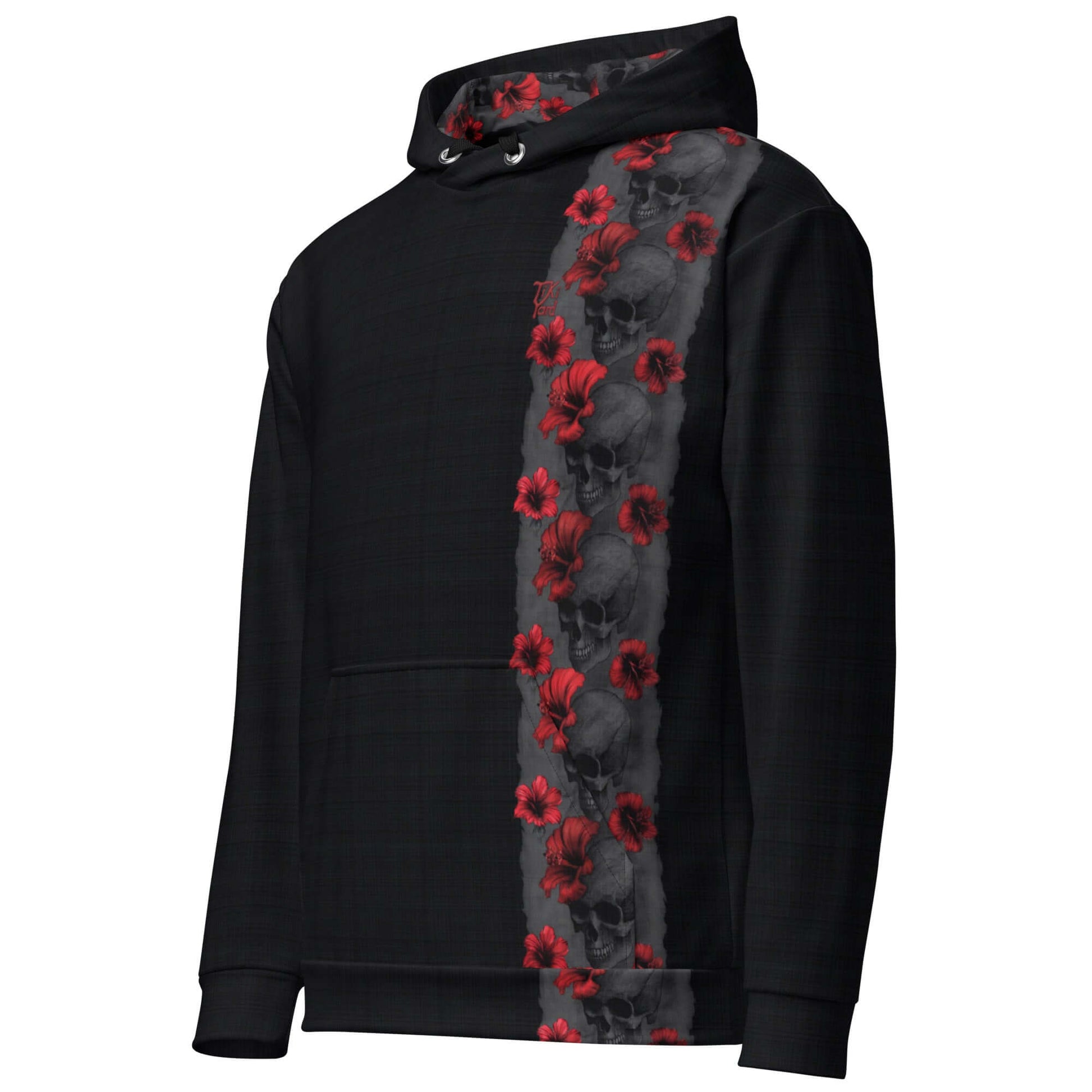 Forsaken Island Men's Hawaiian Hoodie featuring unique skull and hibiscus flower design, black polyester hoodie by Tiki Yard Apparel Company.