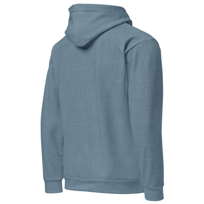 Back view of a light blue Hawaiian hoodie featuring a large, stylish hood and soft textured fabric.