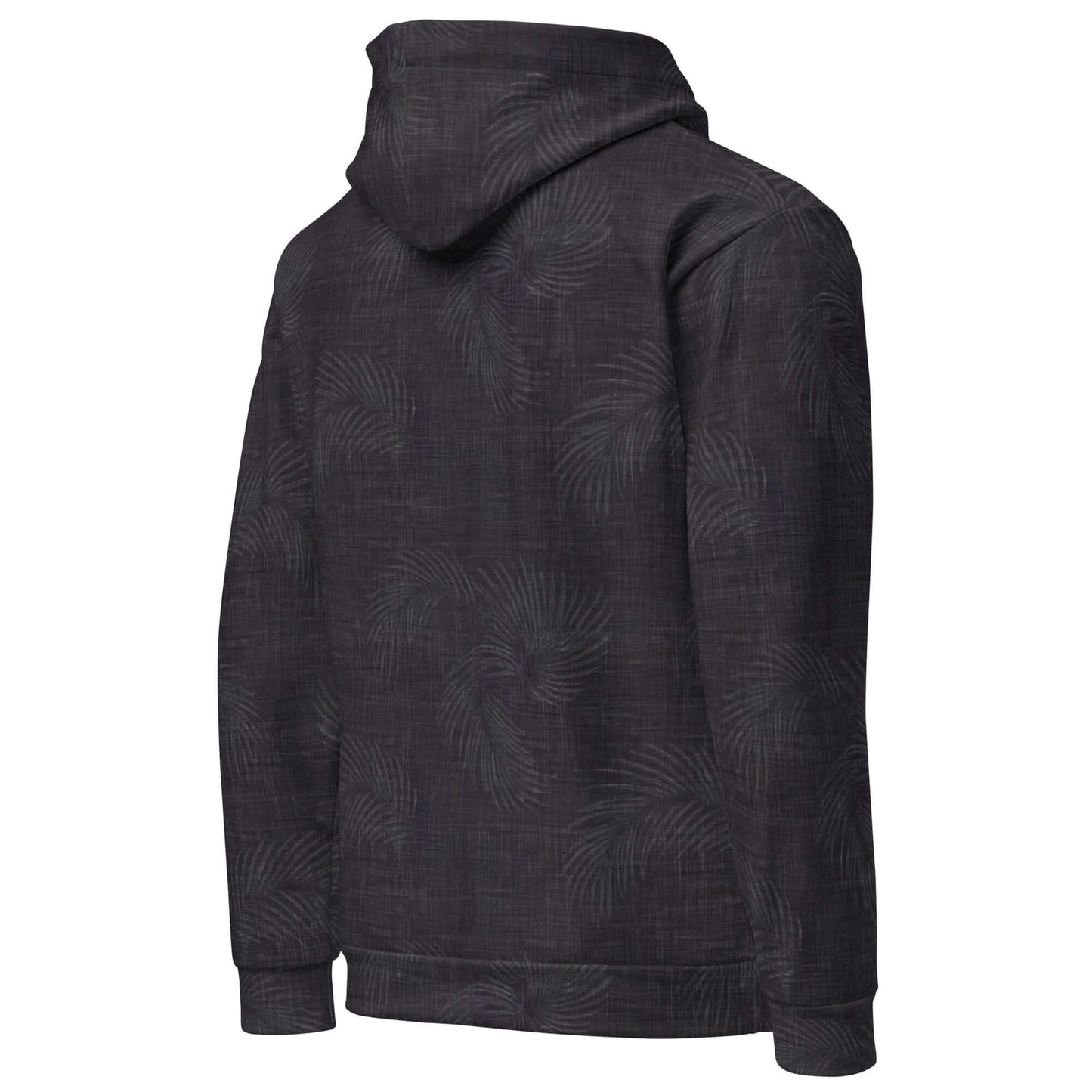 Stylish black hoodie with subtle palm leaf design, viewed from the back with hood visible