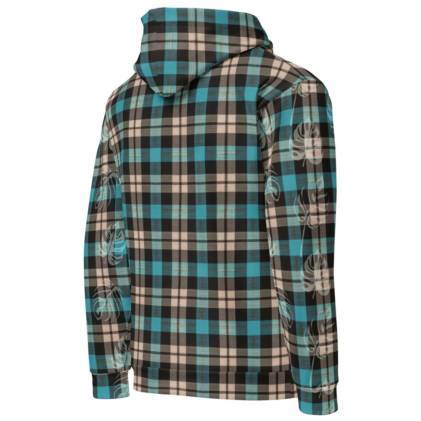 Trendy plaid pattern hoodie in teal and brown with visible hood and stylish hibiscus prints on sleeve