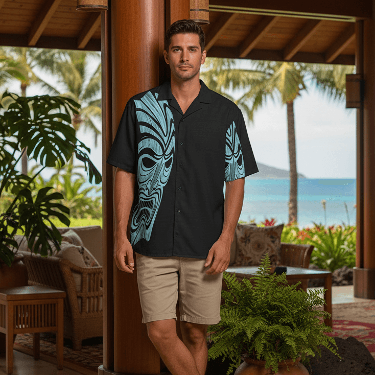 Man wearing Twisted Tiki Phantom Hawaiian shirt leaning against pillar in luxury resort lobby