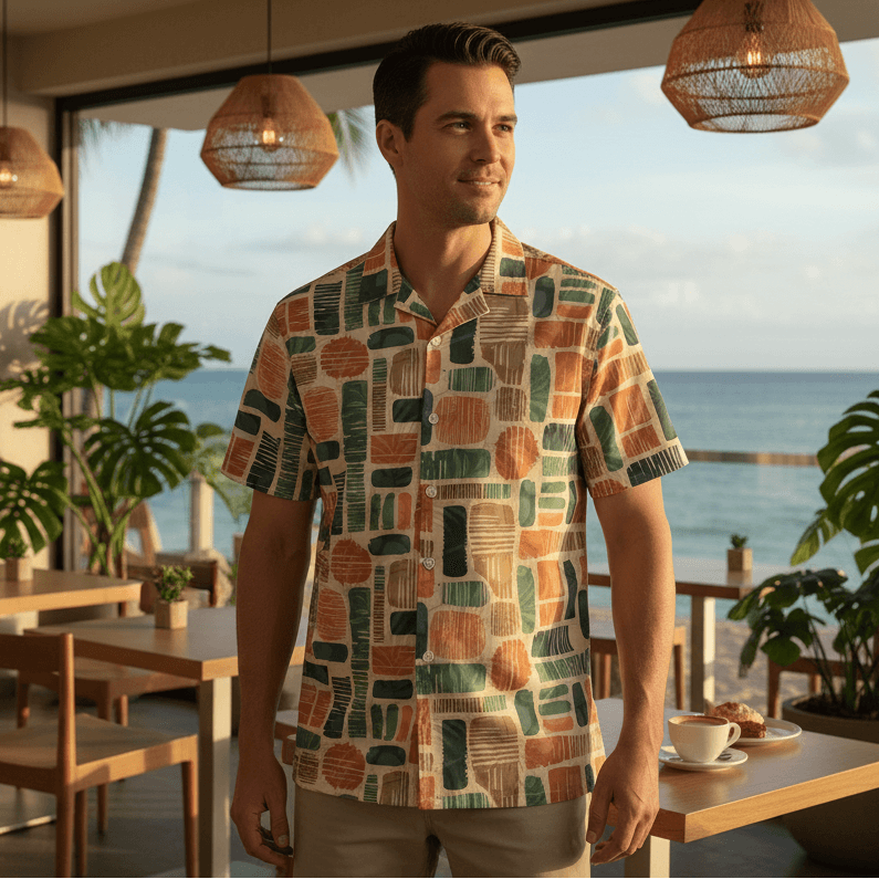 Wailea Aka Hawaiian shirt lifestyle photo - man at beachside café with artistic tropical vibe