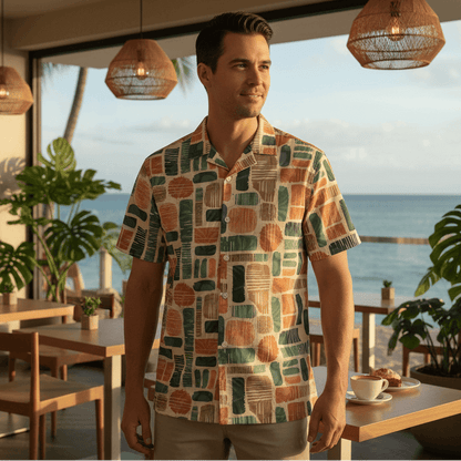 Wailea Aka Hawaiian shirt lifestyle photo - man at beachside café with artistic tropical vibe