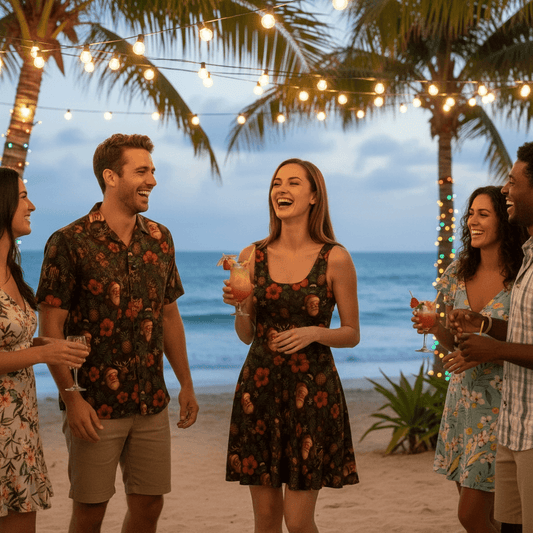 Santa's Aloha Christmas Hawaiian dress lifestyle photo - woman at beachside holiday gathering with string lights