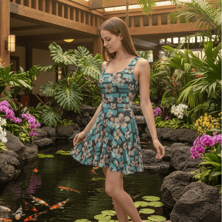 Woman wearing Kalakaua Avenue Hawaiian dress in open-air resort lobby with tropical flowers and koi pond