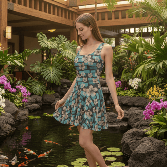 Woman wearing Kalakaua Avenue Hawaiian dress in open-air resort lobby with tropical flowers and koi pond