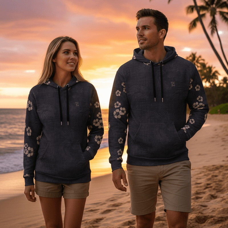 Couple wearing matching Tropical Eclipse pullover hoodies with hibiscus flowers on sleeves walking on Hawaiian beach at sunset