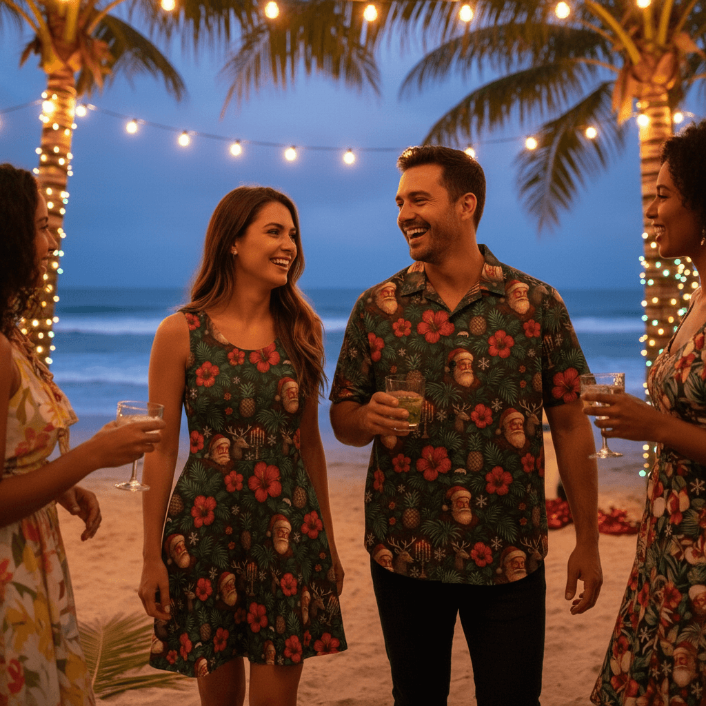 Santa's Aloha Christmas Hawaiian shirt lifestyle photo - man at beachside holiday gathering with string lights