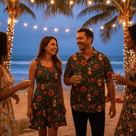 Santa's Aloha Christmas Hawaiian shirt lifestyle photo - man at beachside holiday gathering with string lights