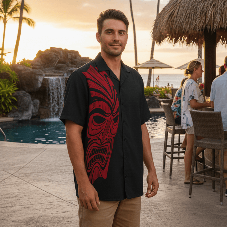 Twisted Tiki Eruption Hawaiian shirt lifestyle photo - man at resort poolside bar during happy hour