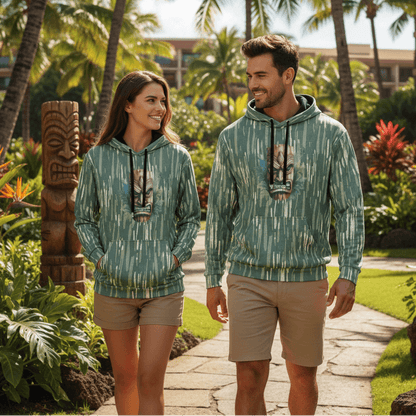 Couple wearing matching Tiki Nahele pullover hoodies with sage green rain pattern and tiki mask walking in Hawaiian resort garden