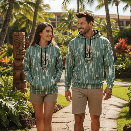 Couple wearing matching Tiki Nahele pullover hoodies with sage green rain pattern and tiki mask walking in Hawaiian resort garden