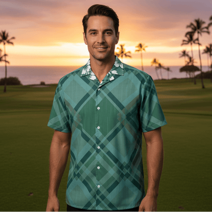 Island Eclipse Hawaiian shirt lifestyle photo - man at Hawaiian golf course at sunset with ocean backdrop