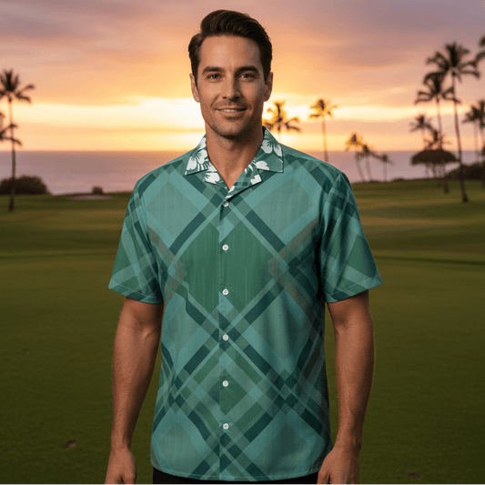 Island Eclipse Hawaiian shirt lifestyle photo - man at Hawaiian golf course at sunset with ocean backdrop