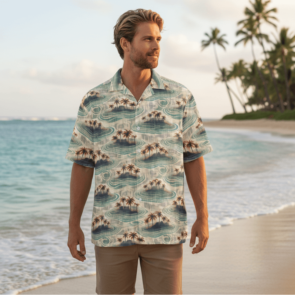 Man wearing Enchanted Sea Hawaiian shirt walking along calm Hawaiian beach at golden hour