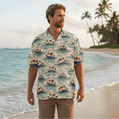 Man wearing Enchanted Sea Hawaiian shirt walking along calm Hawaiian beach at golden hour