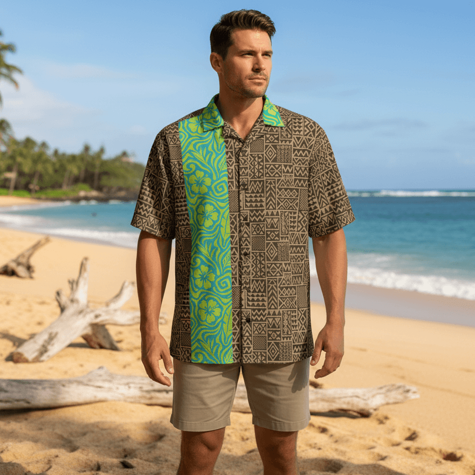 Man wearing Tapa Surge Hawaiian shirt with tapa cloth pattern and turquoise blue lime green panel on sandy beach with driftwood