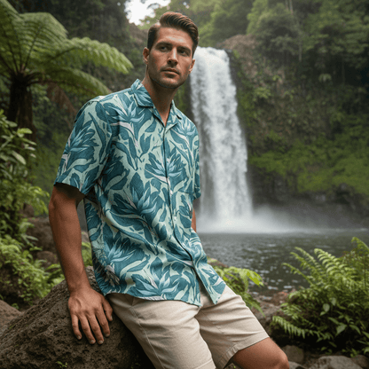 Man wearing Kailua Shimmer Hawaiian shirt with tropical foliage casually leaning against rock at Hawaiian waterfall