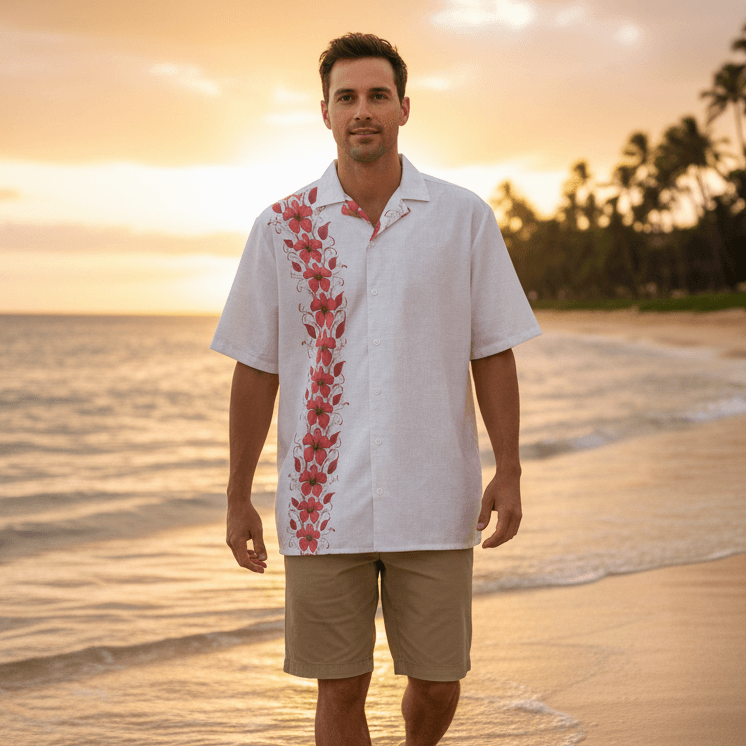 Lumine Aloha Hawaiian shirt lifestyle photo - man walking along Hawaiian beach at sunset