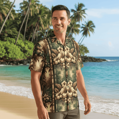 Huakai Nahele Hawaiian shirt lifestyle photo - man at Hawaiian beach edge where jungle meets ocean