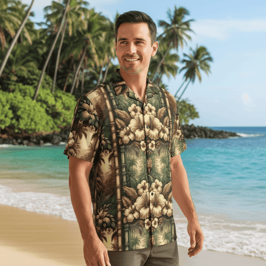 Huakai Nahele Hawaiian shirt lifestyle photo - man at Hawaiian beach edge where jungle meets ocean