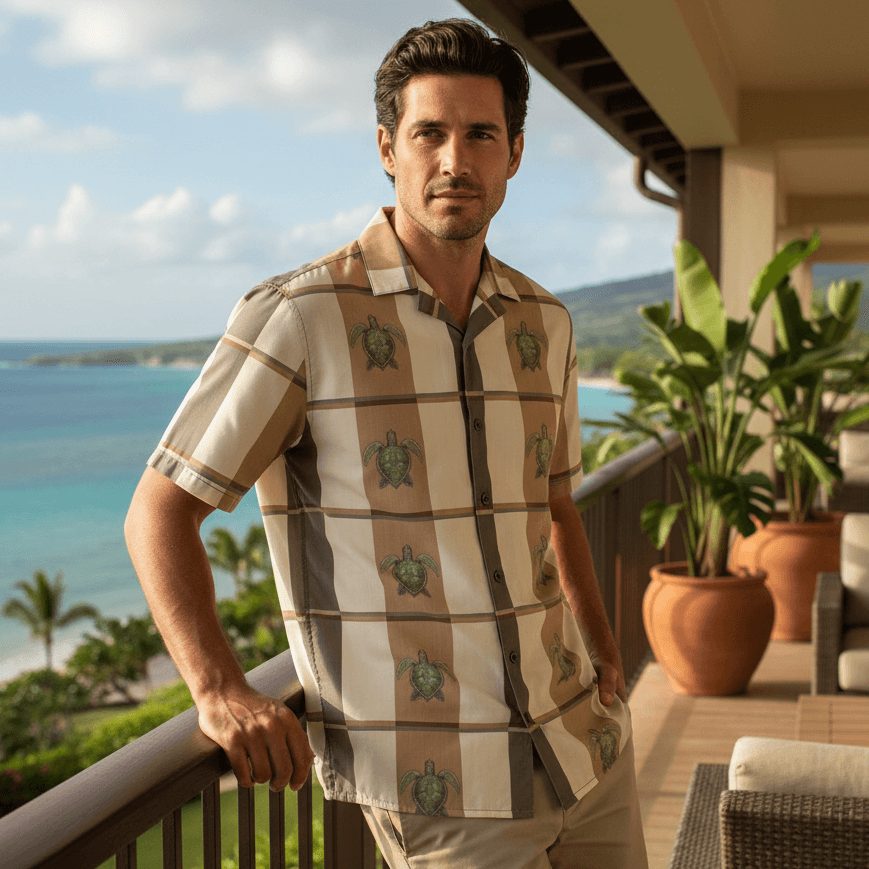 Man wearing Island Spirit Hawaiian shirt with sea turtle plaid pattern relaxing on ocean-view lanai at upscale Hawaiian resort