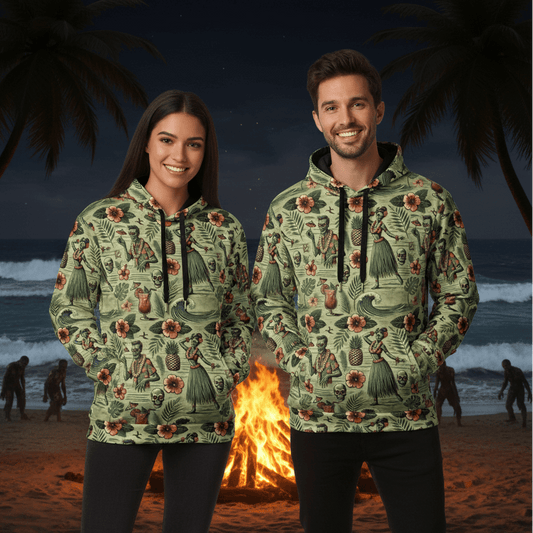 Dead Luau Hawaiian zombie hoodie - couple at beach bonfire with zombies