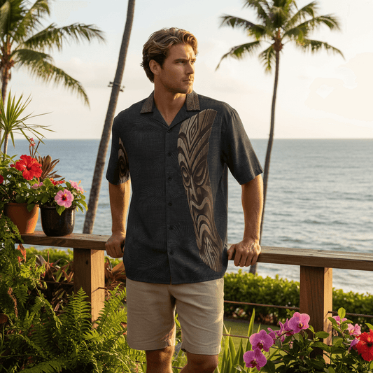 Man wearing Tiki Distortion Hawaiian shirt with dark charcoal base and carved tiki mask design at outdoor bar deck overlooking ocean
