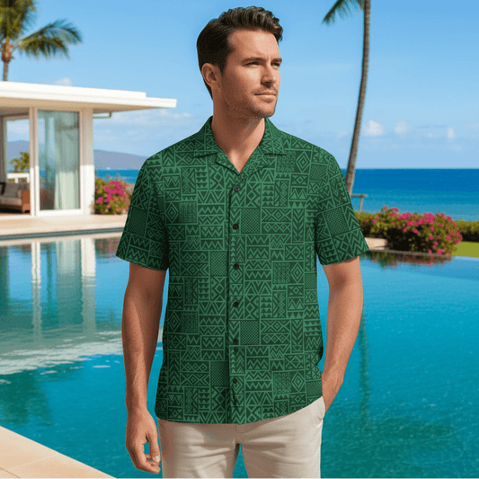Island Emerald Hawaiian shirt lifestyle photo - man at luxury boutique resort poolside with turquoise pool