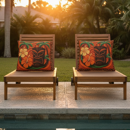 The Polynesian outdoor throw pillows on teak lounge chairs beside backyard pool at sunset