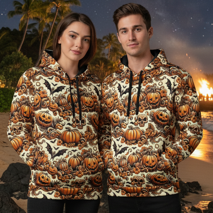Halloween Luau Hawaiian hoodie - couple at Hawaiian beach at night with bonfire