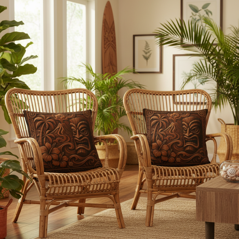 Island Chocolate Factory indoor throw pillows on rattan furniture in tropical-themed living room