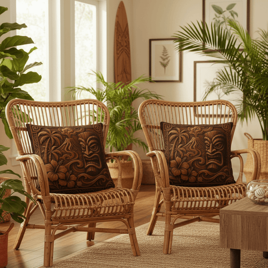 Island Chocolate Factory indoor throw pillows on rattan furniture in tropical-themed living room
