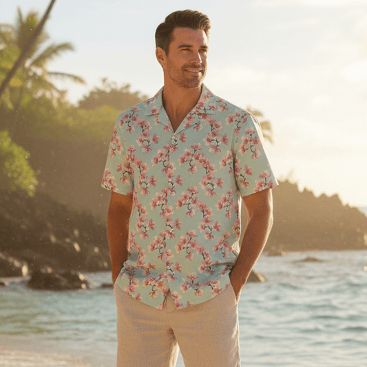 Cherry Blossoms Hawaiian shirt lifestyle photo - man at peaceful Hawaiian cove