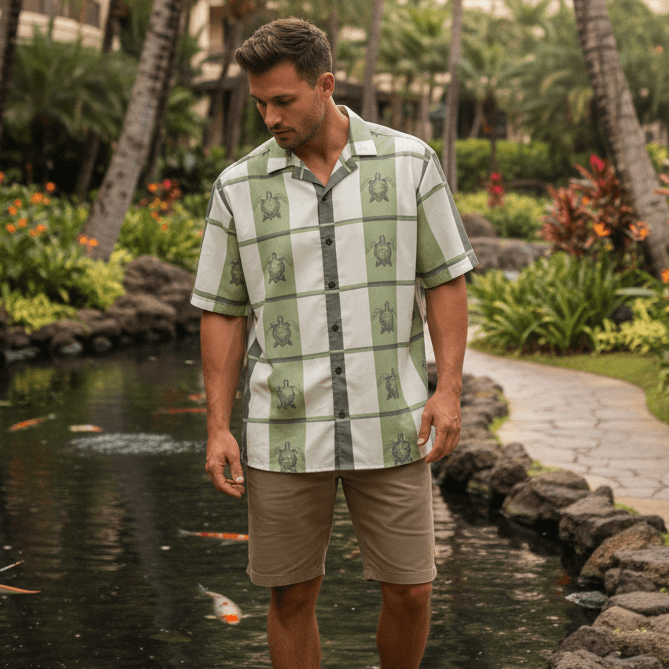 Man wearing Island Spirit ʻEkolu Hawaiian shirt with sage green and cream plaid and sea turtle motifs standing near koi pond in tropical resort garden