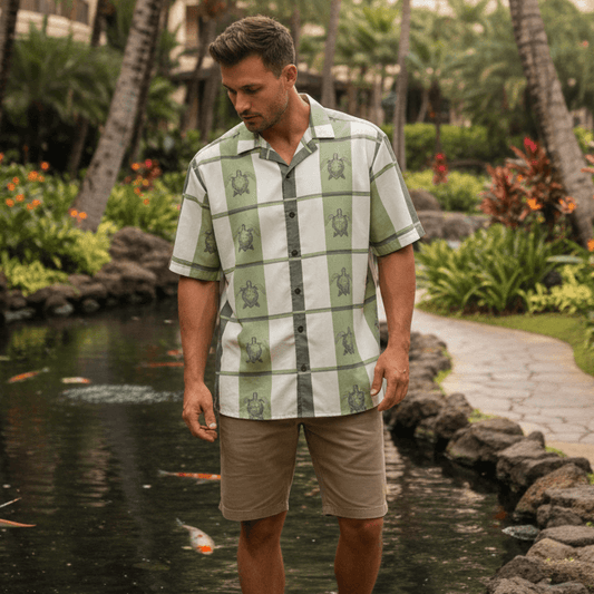 Man wearing Island Spirit ʻEkolu Hawaiian shirt with sage green and cream plaid and sea turtle motifs standing near koi pond in tropical resort garden