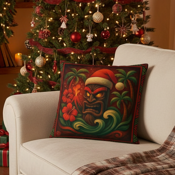 Polynesian Christmas throw pillow in Christmas decorated living room