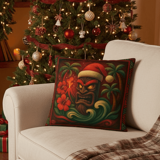 Polynesian Christmas throw pillow in Christmas decorated living room