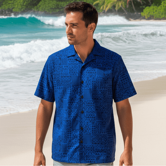 Island Sapphire Hawaiian Shirt lifestyle photo - man on beach with surf