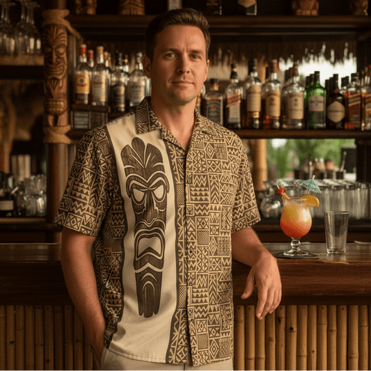 Tiki Kapa Hawaiian shirt lifestyle photo - man at authentic tiki bar with liquor bottles and tropical cocktails
